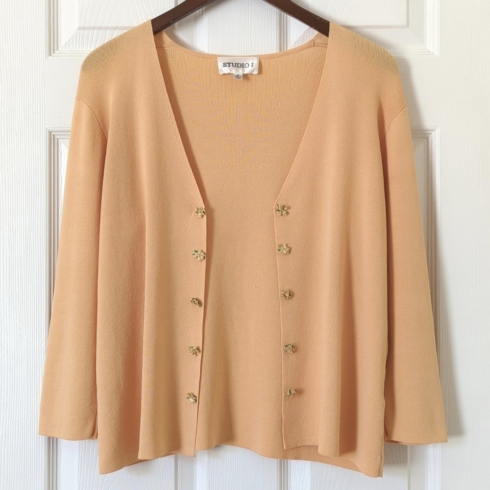 Studio 1 Y2K Vintage Thin Silky Floral Embellished Open Front Cardigan Peach 12